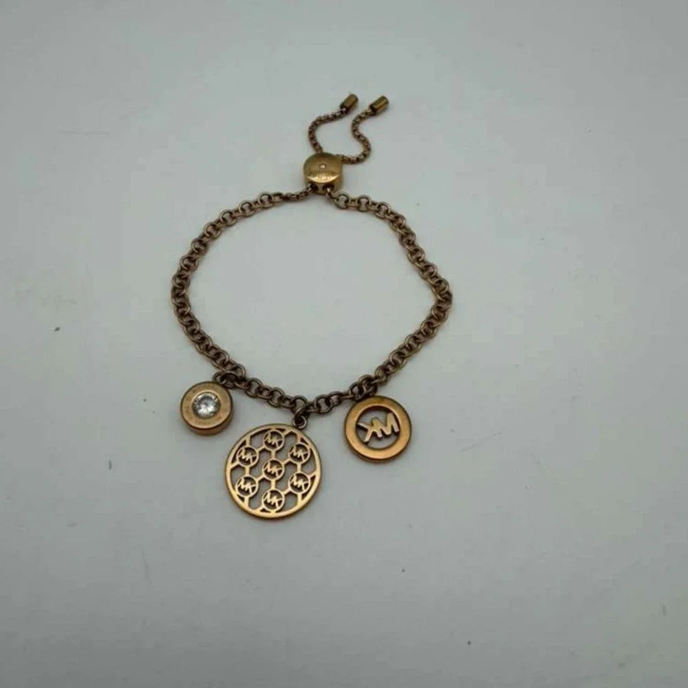 Michael Kors‎ Adjustable Gold Tone Charm Bracelet MK Logo Disc